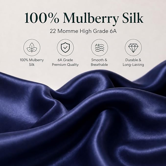 Pure Natural Mulberry Silk Pillow Cases with Zipper Made in USA, King Size, Luxury 22 Momme Silk Pillowcase for Hair and Skin, Hypoallergenic (Navy Blue, King)