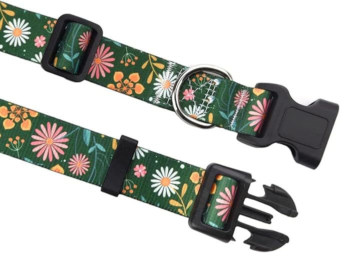 Mihqy Dog Collar and Leash Set with Bohemia Floral Tribal Geometric Patterns - Soft Ethnic Style Collar Adjustable for Small Medium Large Dogs(Dark Green Flower Set,M)