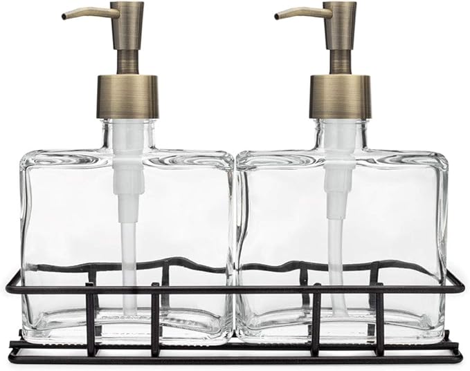 Rail19 Urban Glass Hand and Soap Dispenser Set - Includes Metal Stand Caddy, 8.5oz (Antique Brass)