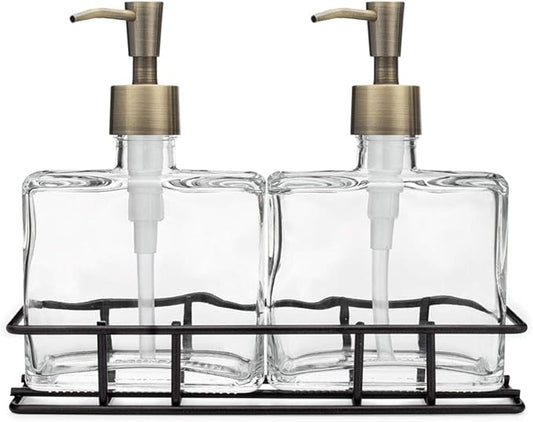 Rail19 Urban Glass Hand and Soap Dispenser Set - Includes Metal Stand Caddy, 8.5oz (Antique Brass)
