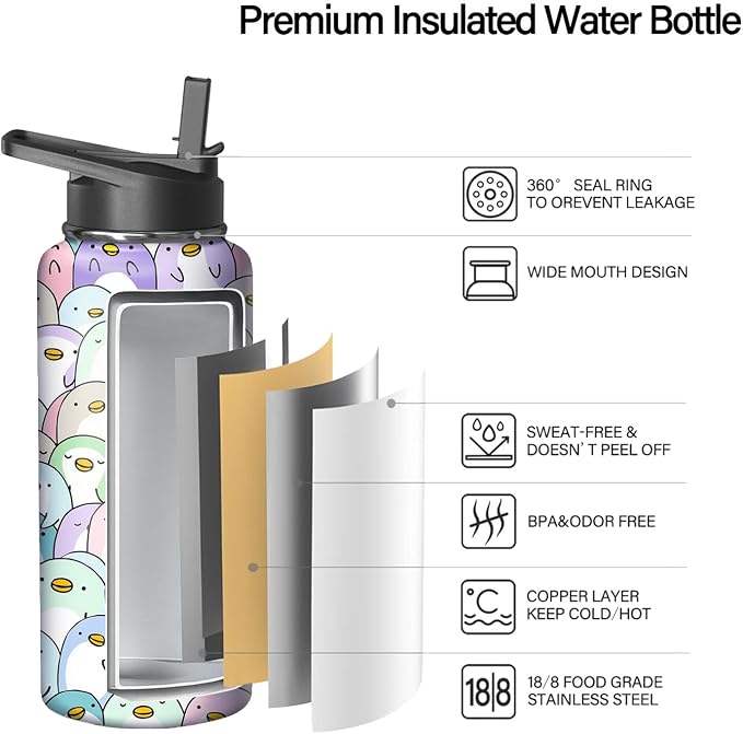 32oz Penguin Water Bottle with Handle and Flip Straw, Animal Sports Stainless Steel Insulated Cup Travel Coffee Mug Tumbler, Birthday Mothers Day Chritmas Gifts for Women