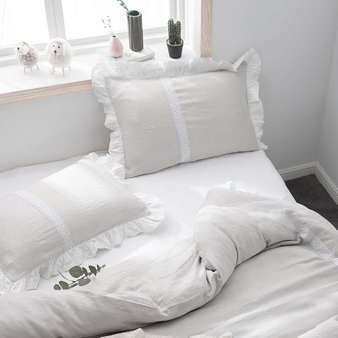 Simple&Opulence 100% Linen Duvet Cover Set (78"X86") Floral Flax Full Size, Shabby Chic Ruffle Edge Lace Insert Decoration, 3 Pcs Farmhouse Bedding-1 Comforter Cover 1 Pillow Shams, Floral Grey