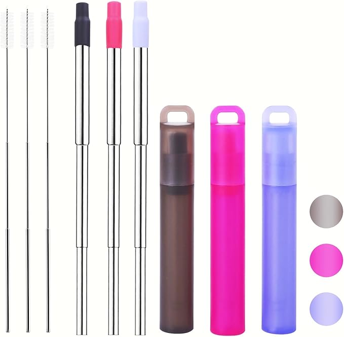 NAIVELY-Reusable Metal Straws 3 Pack Collapsible Stainless Steel Straw,travel straw with case and Cleaning Brush,Retractable Portable Pocket Straws(Gray, Red, Purple orchid, Telescopic brush)