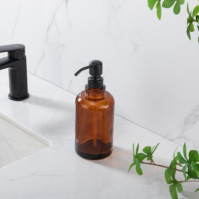 Amber Glass Soap Dispenser, 17oz 500ml Refillable Liquid Hand Soap Dispenser, 304 Stainless Steel Pump Leakproof Lotion Container for Bathroom Kitchen Sink Vanity Countertop