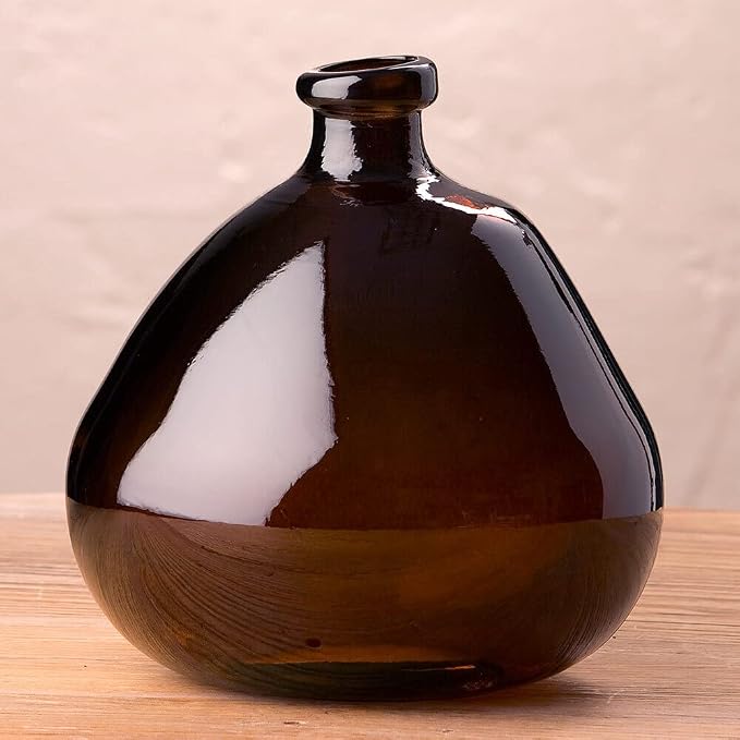 VivaTerra Recycled Round Glass Balloon Vase – Handblown Glass Vases for Centerpieces – Unique Organic Shape in a Delicate Chocolate Color – Sustainable and Unique Home Decor (9" H x 8" Dia.)