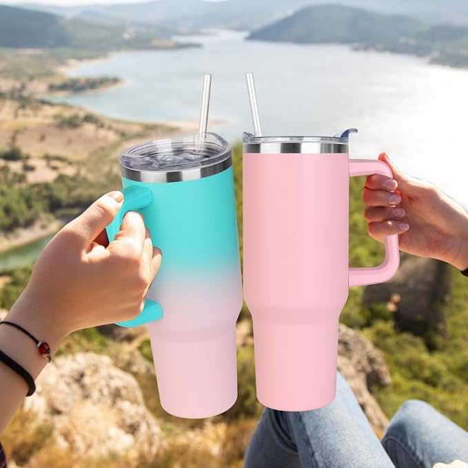 SYACOT 40 oz Tumbler with Handle and Straw Stainless Steel Insulated Tumbler Leak Proof Lid and Straw Lid Reusable Travel Mug Coffee Mug Cup Dishwasher Safe Keep Drinks Cold and Hot (Pink Dusk)