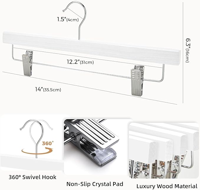 HOUSE DAY Premium Wooden Pants Skirts Hangers, Solid Wood Trousers Bottom Hanger with 2-Adjustable Clips, Clip Hangers for Slacks, Jeans, Shorts (White, Pack of 50)