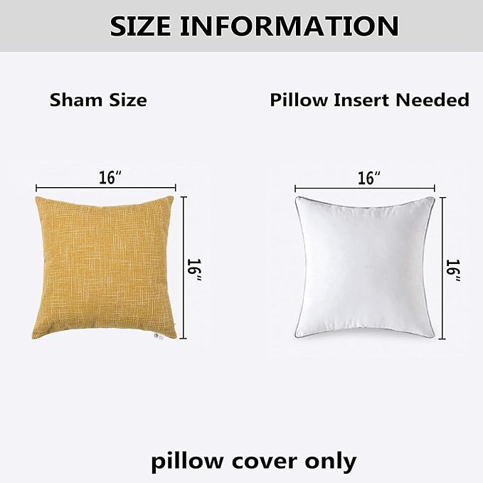Kevin Textile Throw Cushion Cover Faux Linen Home Decorative Hand Made Pillow Cases for Sofa Use, 16"x16"(2 Pieces, Honey Yellow)