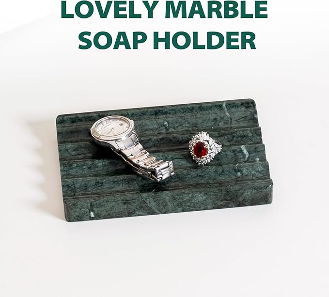 Karibiber Soap Holder, Marble Soap Dish for Shower, Green Bar Soaps Holder with Water Ripple Design, Easy Cleaning Soaps Saver for Kitchen Sink，Bathroom, Executive Indian Natural Stone Soap Tray