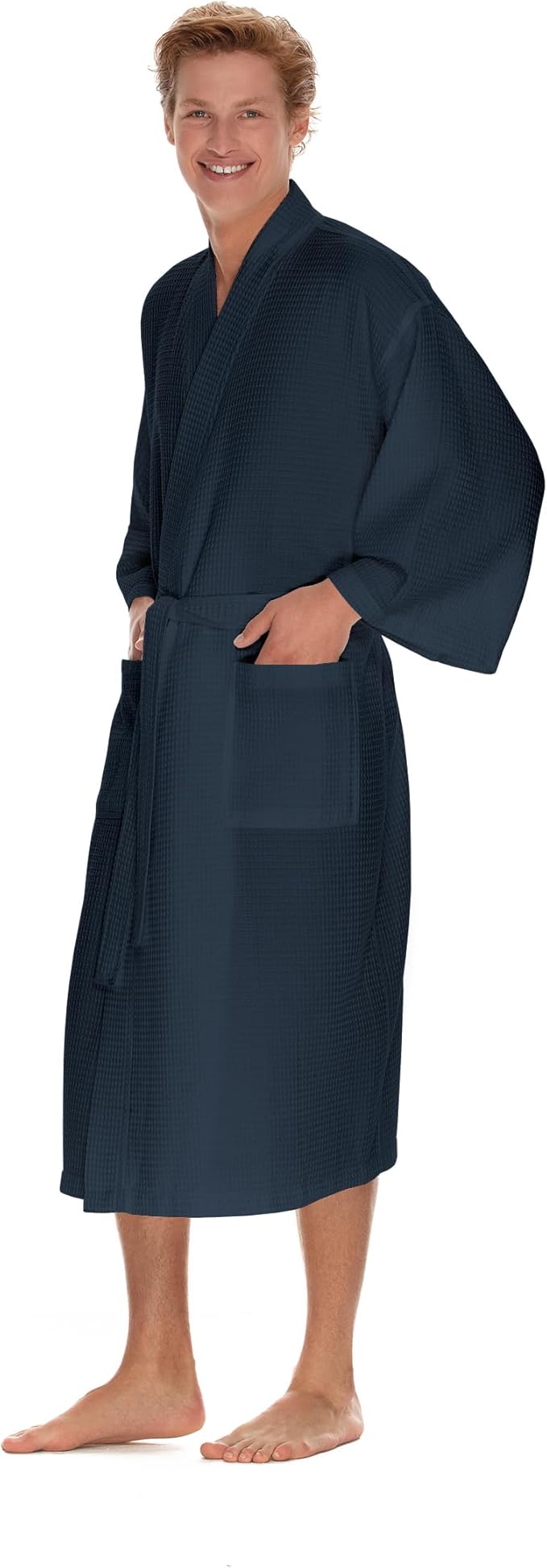 Men's Waffle Robe by BOCA TERRY, Waffle Knit Spa Robe, Long Lightweight Cotton Kimono Hotel Bathrobe