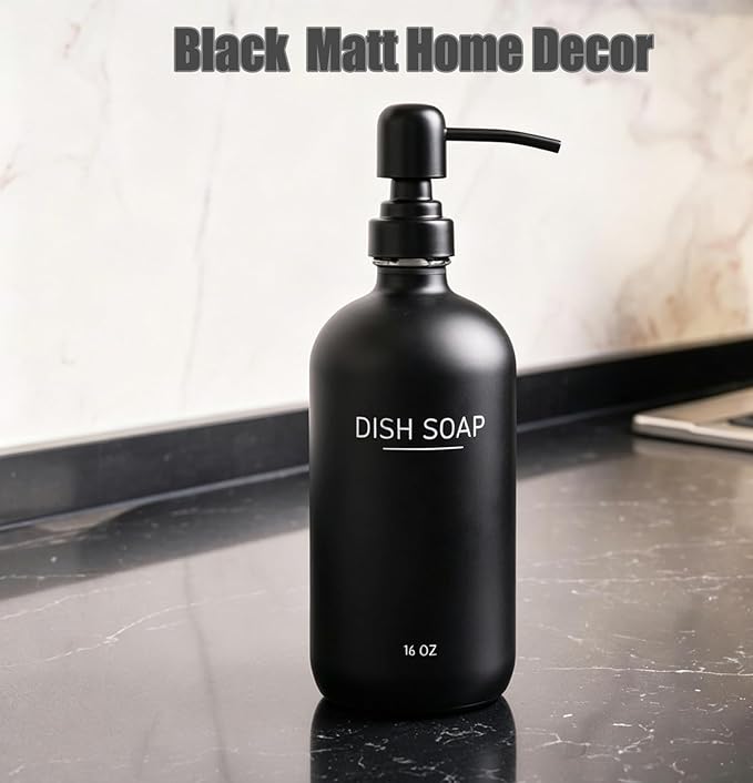 Black Glass Soap Dispenser with Stainless Steel Pump, Farmhouse Style Hand & Dish Soap Dispenser for Bathroom and Kitchen Sink, Soap Dispenser for Kitchen Sink (Black Pump d)