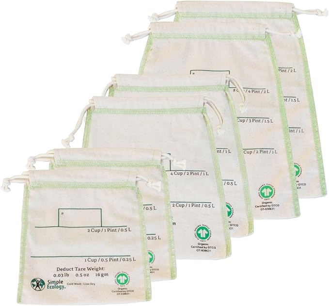 Simple Ecology Organic Cotton Reusable Bulk Bin Bags - Set of 6 (2 ea. L, M, S)