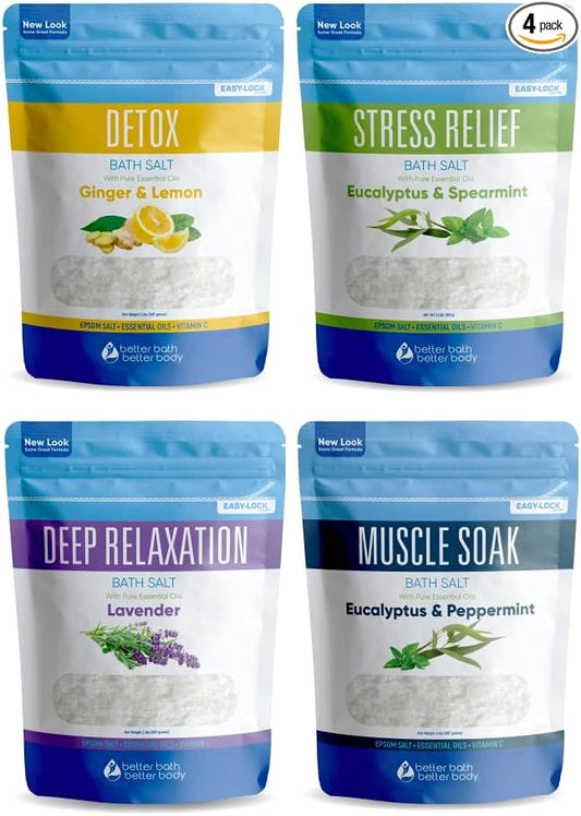 Bath Salts Sampler (4-Pack of 2-lbs) Variety Bath Soaks with Bamboo Scoop