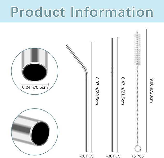 66 Pack of metal straws reusable,30 Straight+30 Bent 8.5 Inch Stainless Steel Straws,6 Cleaning Brushes Included, Perfectly Compatible with 20oz Cup Tumblers