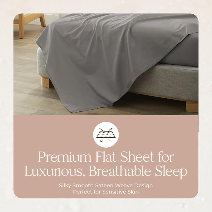 Certified Organic King Flat Sheet Only - 100% Organic Cotton Top Sheet with Luxurious Soft and Breathable 300 Thread Count Sateen Weave Finish - GOTS & Fairtrade Certified (Classic Grey, King)
