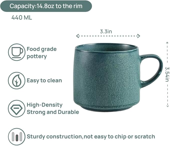 12oz Japanese Style Minimalistic Asian Rustic Reactive Glaze Ceramic Pottery Coffee Mug, Lead-Free Glaze earthen Tea Mug,Tea cup with handle, stoneware mugs, Microwave and Dishwasher Safe (Teal)