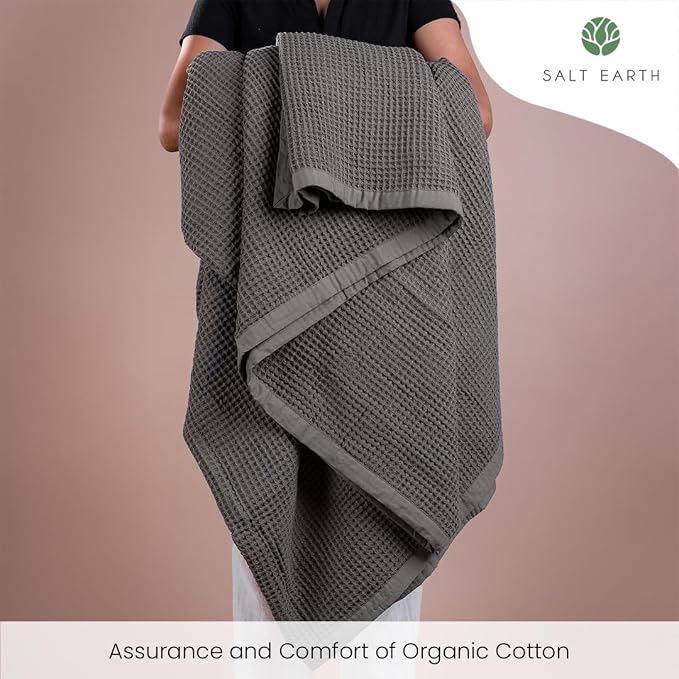 Salt Earth GOTS Certified 100% Organic Cotton Throw Blanket,108"X90" Waffle Blankets & Throws for Bed, Throw Blanket for Couch, Modern & Cozy Blanket, All Season, Comfy & Soft Blanket(Charcoal Grey)