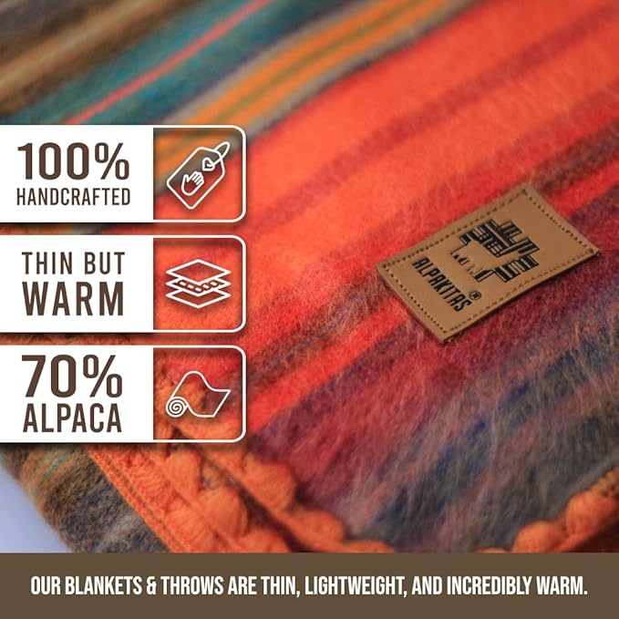 ALPAKITAS Alpaca Wool Blanket - Throw Size Bed Blanket - Alpaca Throw Blanket - Best Gift & Warm Blanket, Lightweight, Couch Blanket or Camp - Outdoor Blanket - 64 x 45 Inches (Orange)