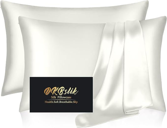 Silk Pillowcase 2 Pack, Mulberry Silk Pillow Cases Queen Size Set of 2, Anti Acne Silk Pillowcase for Hair and Skin, Natural Silk Satin Pillowcases Gifts for Women Men 2 Pack with Zipper, Ivory