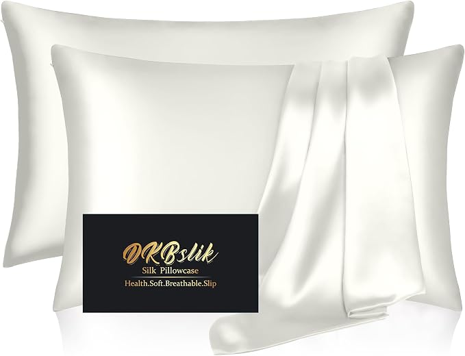 Silk Pillowcase 2 Pack, Natural Mulberry Silk Pillow Case, Anti Acne Silk Pillowcase for Hair and Skin, King Size Silk Satin Pillowcase Set of 2 with Hidden Zipper, Gifts for Women Men, Ivory