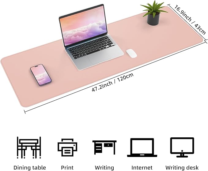 AFIING Large Desk Mat 47.2" x 17.5", Leather Desk Pad Protector with Natural Cork & PU Leather, Non-Slip Office Desk Mat, Double-Sided Mouse Pad, Waterproof Large Desk Pad for Office and Home (Pink)
