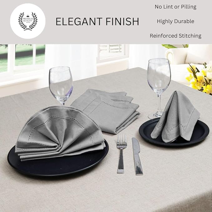 Hemstitch Cloth Dinner Napkins 100% Cotton Set of 6 - for Dining Special Occasions Weddings Parties Holidays Easter - Soft Durable Washable - 18x18 Inch Table Cloth Napkins Light Grey