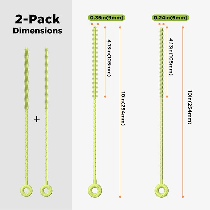 Silicone Straw Cleaner Brush, 2 Pcs Reusable Cleaning Brushes for Straws, 6mm&9mm, Green