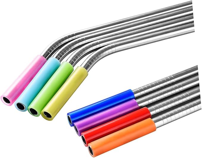 Unomor 8-Piece Reusable Stainless Steel Drinking Straws Set 304 Food-Grade Steel with Silicone Tips for Smoothies Bubble Tea Includes Straight and Curved Straws with Cleaning Brush