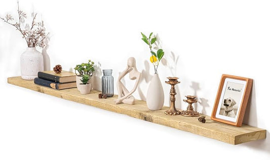 Fun Memories 72 Inch Reclaimed Wood Floating Shelves for Wall, 8 Inch Deep Extra Long Heavy Duty Rustic Farmhouse Floating Shelf with Invisible Brackets for Fireplace Mantel & TV Wall, Natural