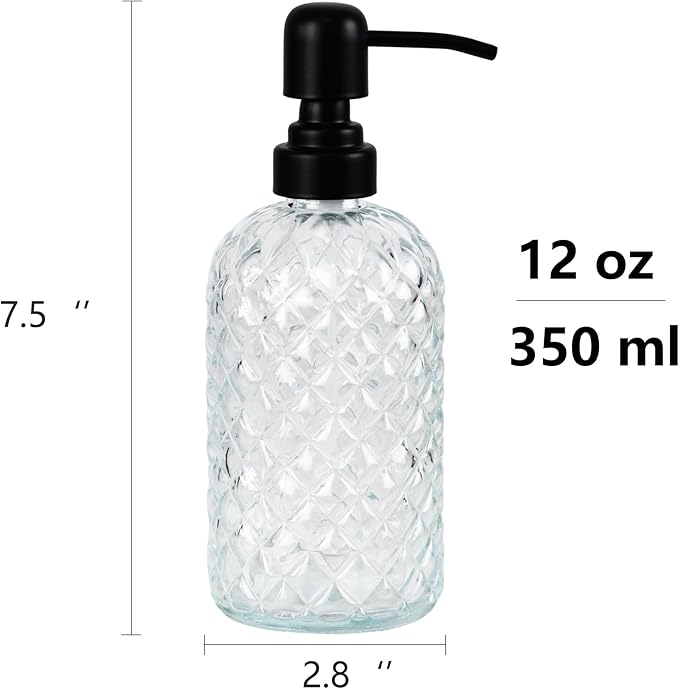 12Oz Glass Soap Dispenser with 304 Black Rustproof Stainless-Steel Pump, Refillable Glass Soap Dispenser for Kitchen, Bathroom, Farmhouse (Clear)