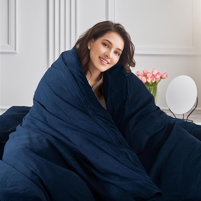 NEXHOME PRO Full Duvet Cover Set, 100% Certified Organic Cotton with Washed Feel & Linen-Like Texture, Comfortable & Breathable, Home Bedding Set Navy (No Comforter)