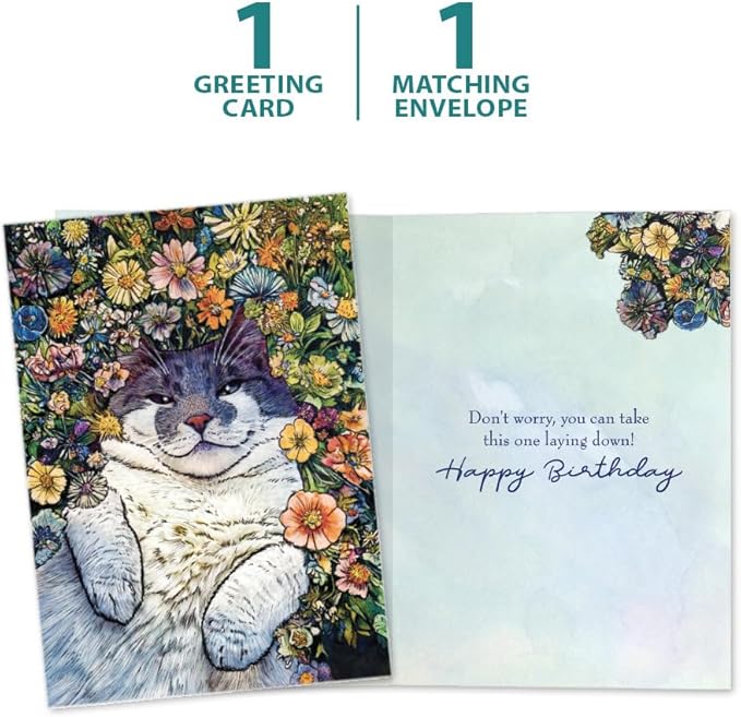Tree-Free Greetings Flower Cat Birthday Card - 1 Recycled 5x7 Card & Matching Envelope, Thick Cardstock, Made in USA - Vibrant Feline Serenity