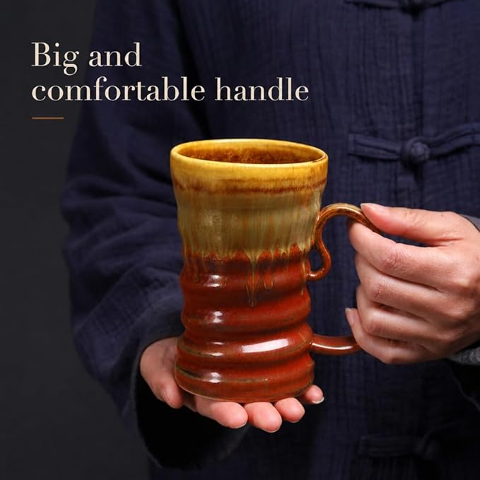 17oz Large Unique Cool Tall Handmade Ceramic Coffee Mug with Comfortable Big handle, Big Pottery Tea Mug, Artisanal Stoneware Coffee cup, Rustic Lead-free Tea Cups, Microwave safe,Brown and Red