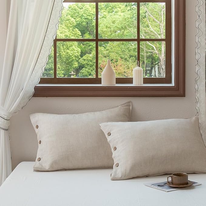 EVERLY 100% Linen Pillowcases Set of 2, French Linen from Normandy, 20X30Inch Queen Size, Natural Color, Coconut Buttons Closure, Flax Pillowshams-Pillowcase-Linen