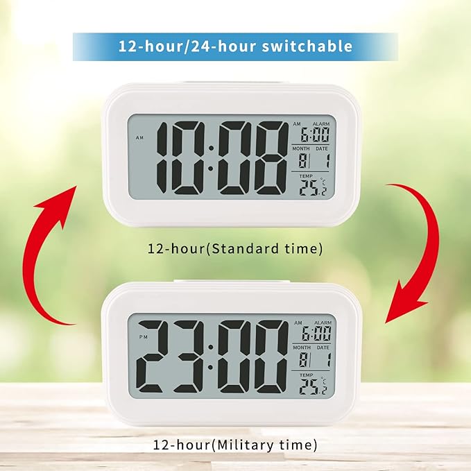 Digital Alarm Clock with Indoor Temperature, Large LED Display, 12/24H, Snooze Mode, Battery Operated Bedside Clock for Bedroom, Heavy Sleepers & Kids