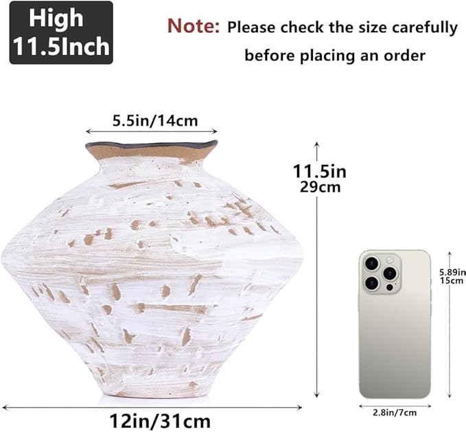 Wabi Sabi Vase 11.5" Rustic White and Brown Distressed Ceramic Vase, Wide Mouth Rustic Vintage Vases for Table Centerpieces, Farmhouse Home Decor for Living Room Entryway Shelf