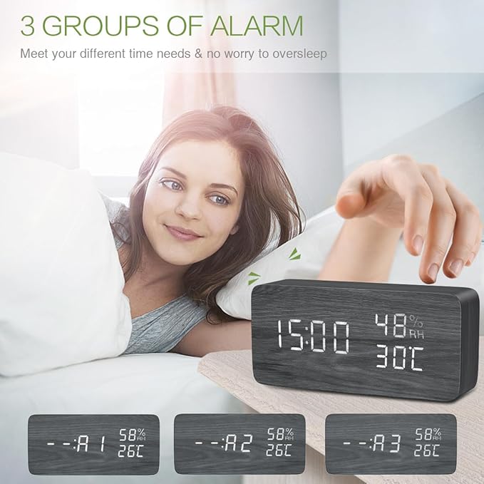 KeeKit Digital Wooden Alarm Clock, Electronic LED Desktop Clock with Temperature Humidity Time Display, 3 Alarm Settings, Voice Control, 3 Levels Adjustable Brightness for Home, Bedroom, Office