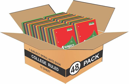 Subject Book Spiral Notebook Pack of 48 College Ruled 140 Pages (70 Sheets) 8" × 10.5" Perforated Carbon Neutral 3-Hole Back to School 2026 Punched Eco-Friendly School & Office Supply Assorted Colors