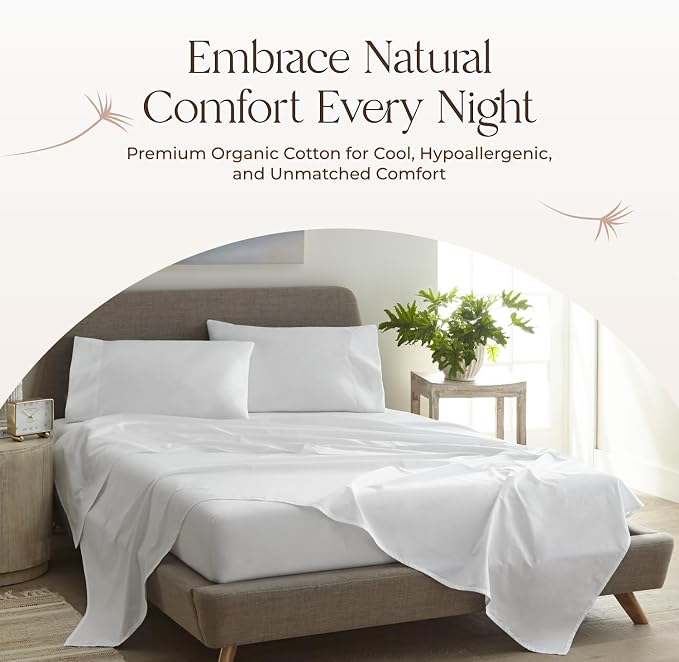 100% Organic Cotton Sheets Twin Size - GOTS Certified Cotton Percale Sheets with Crisp Cool & Breathable Percale Weave Perfect for Hot Sleepers - Durable Luxury 4 Piece Set (White, Twin XL)