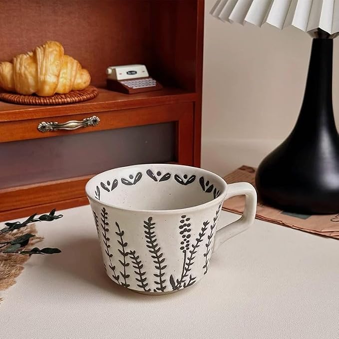 4 Pack 12oz Speckled Stoneware Coffee Mugs, Vintage Black Seaweed Botanical Ceramic Tea Cups, Rustic Hand Drawn Floral Drinking Mugs, Microwave Dishwasher Safe, Gift Set for Coffee Lovers