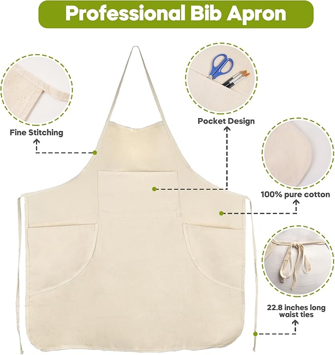 conda 100% Cotton Canvas Professional Bib Apron With 3 Pockets for Women Men Adults,Waterproof,Natural 31inch By 27inch