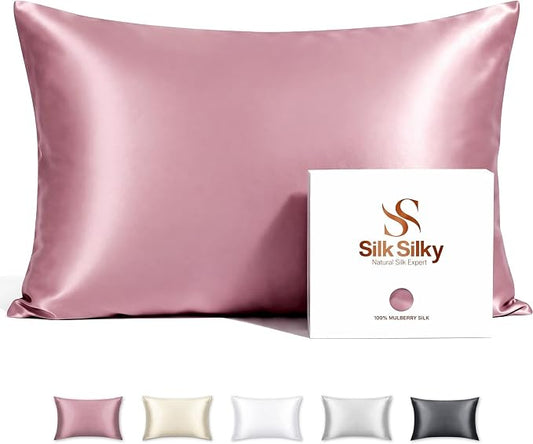 SilkSilky Luxury 30 Momme 100% Pure Organic Mulberry Silk Pillowcase for Hair & Skin, Grade 6A+ Silk Pillow Cases with Hidden Zipper, Cooling Silk for Deep Sleep (King 20''x36'', PaleMauve)