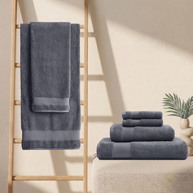BIOWEAVES 100% Organic Cotton 700 GSM Plush 6-Piece Towel Set GOTS Certified, 2 Bath Towels, 2 Hand Towels & 2 Washcloths - Charcoal