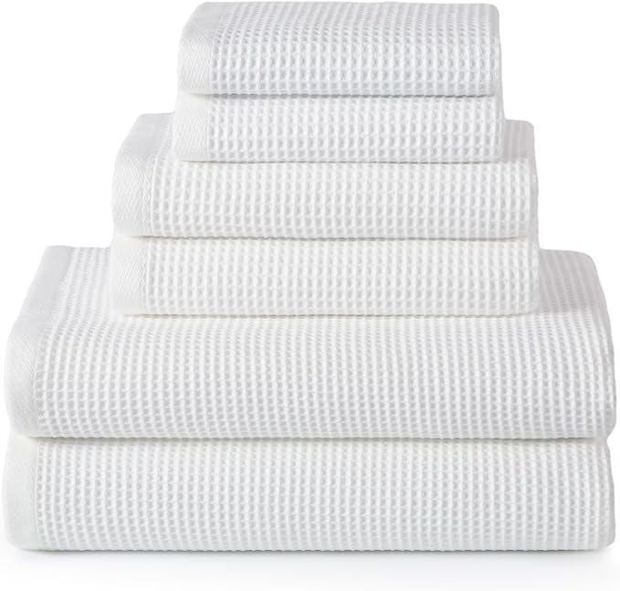 ecolook 6-Piece Waffle Weave Towel Set, 100% Cotton, Lightweight, Absorbent & Quick-Drying, 2 Bath Towels (31×63 in), 2 Hand Towels, 2 Washcloths, Lint-Free for Bathroom, Pool, Gym, Travel - White