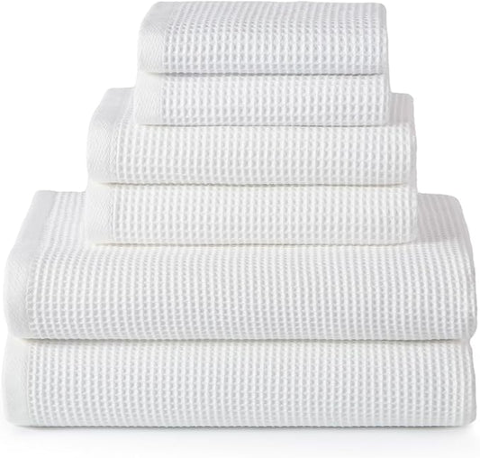 ecolook 6-Piece Waffle Weave Towel Set, 100% Cotton, Lightweight, Absorbent & Quick-Drying, 2 Bath Towels (31×63 in), 2 Hand Towels, 2 Washcloths, Lint-Free for Bathroom, Pool, Gym, Travel - White