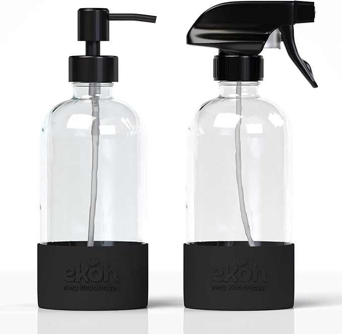 EKOH 2 Pack Glass Countertop Soap Dispensers - Refillable & Reusable with Silicone Protective Base and Preprinted Labels - for Kitchen and Bathroom (Clear)
