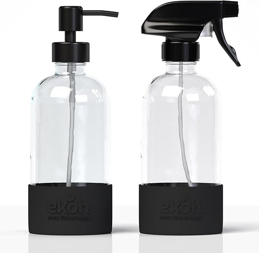 EKOH 2 Pack Glass Countertop Soap Dispensers - Refillable & Reusable with Silicone Protective Base and Preprinted Labels - for Kitchen and Bathroom (Clear)