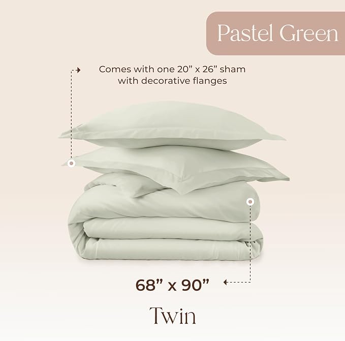 100% Organic Cotton Duvet Cover Twin Size - Naturally Soft Lightweight & Cooling Duvet Cover Set with Decorative Shams - Premium GOTS Certified 300 Thread Count Sateen Weave (Pastel Green, Twin)
