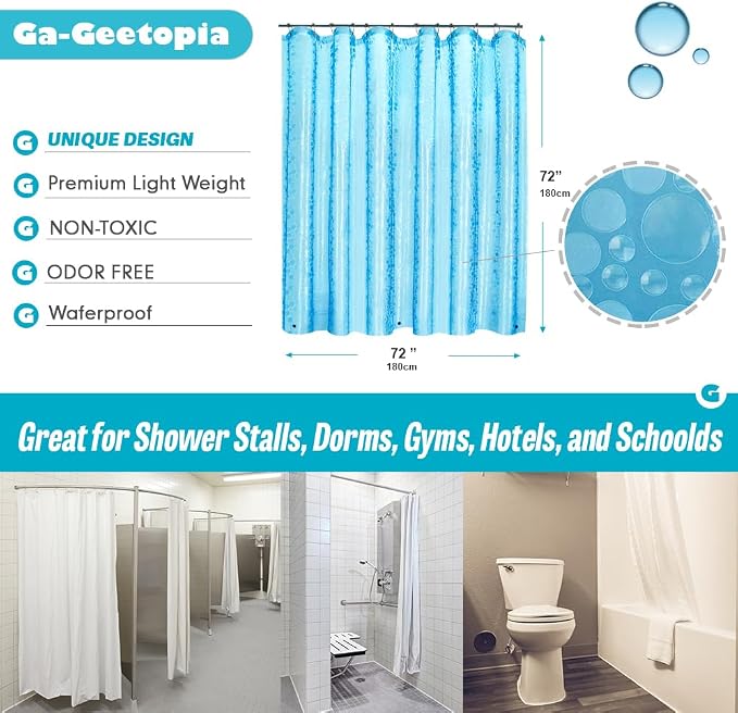 Ga-Geetopia EVA Blue Thin Shower Curtain Liner, Pebble Pattern 72x72 Inch Lightweight Plastic Bathroom Shower Showroom Inner Curtain with Rustproof Metal Grommets and Weighted Magnets(No Hooks)