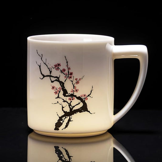 15oz Ceramic Coffee Mug with Plum Blossom Design – Unique Handcrafted Ceramic Mug for Coffee & Tea, Microwave & Dishwasher Safe, Elegant Coffee Cup Gift for Her or Yourself